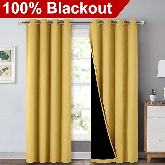 NICETOWN Bright Yellow Full Shade Curtain Panels, Pair of Energy Smart & Noise Blocking Out Blackout Drapes for Dining Room Window, Thermal Insulated Guest Room Lined Window Dressing, 70 x 84 inch