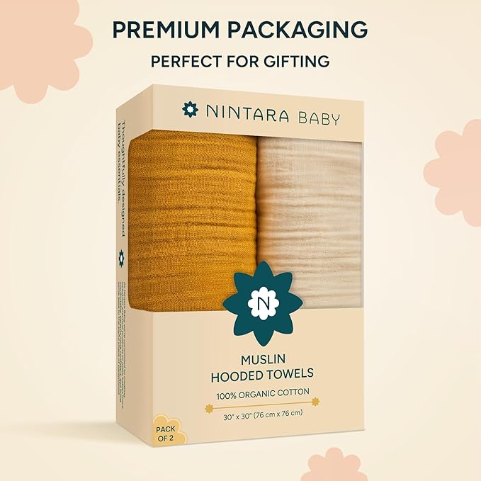 Hands-Free Hooded Towel - 100% Organic Premium Muslin Cotton, 30" x 30", Ultra-Absorbent, Soft, Breathable, Hypoallergenic, Multipurpose, Gifts for Babies & Infants, Pack of 2