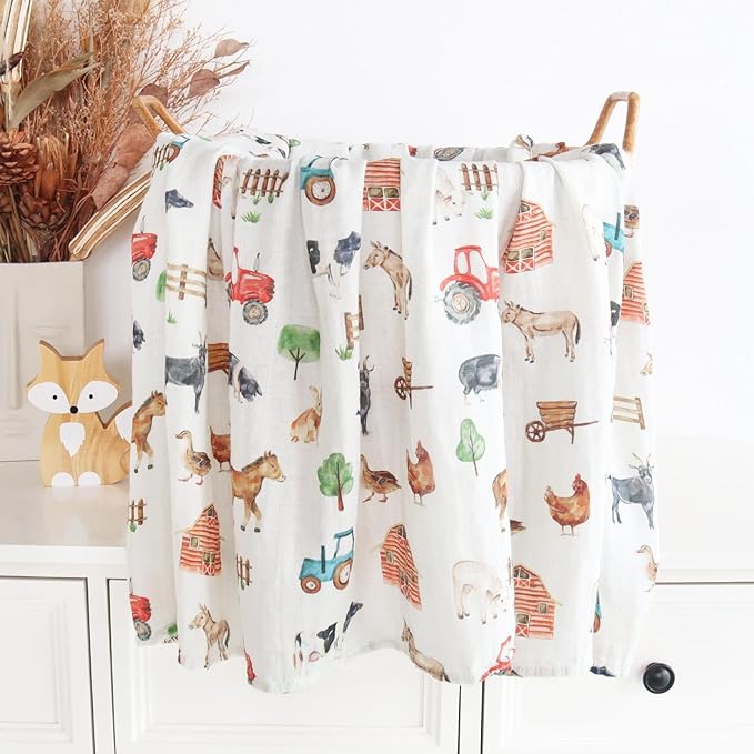 LifeTree Muslin Swaddle Blankets, Baby Swaddles Blanket for Boys Girls Newborn Nursery, Soft Large 47" x 47", Farm Animals, 70% Viscose from Bamboo and 30% Cotton