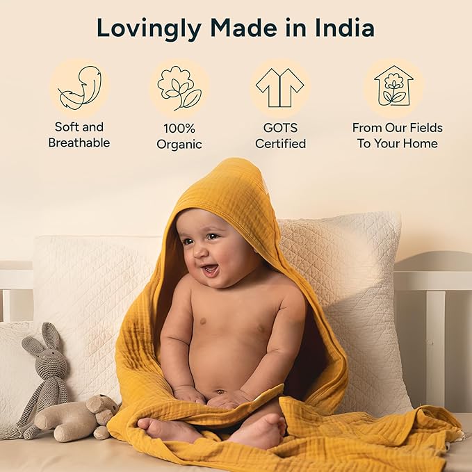 Hands-Free Hooded Towel - 100% Organic Premium Muslin Cotton, 30" x 30", Ultra-Absorbent, Soft, Breathable, Hypoallergenic, Multipurpose, Gifts for Babies & Infants