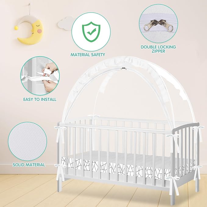 Crib Tent - Crib Net to Keep Baby in, Stop Baby from Climbing Out of Crib, Pop Up Crib Tent with Durable Breathable Net Double Zipper Strong Rods Installation Convenience (Black Line, Large)