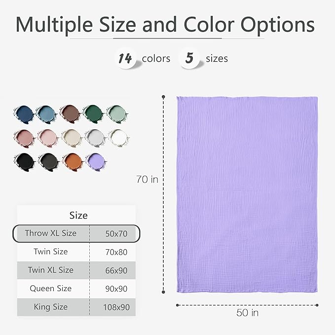 Carriediosa 100% Cotton Muslin Throw Blanket 50" X 70" Twin XL Size，4-Layers Summer Gauze Throws for Bed Couch，Soft Lightweight Breathable Linen Blankets Bedspread for Adults All Season，Light Purple