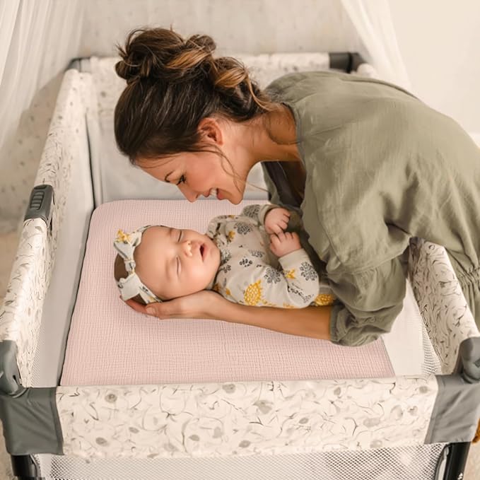 lulumoon Mini Crib Sheets 2-Pack: Soft Muslin Cotton Pack and Play Sheets for Playard Mattress - Boho Floral Print for Girls