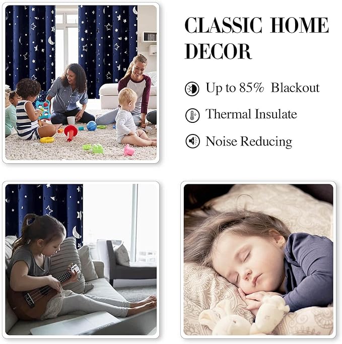 WUBODTI Boys Curtains Navy Blue Blackout Star Curtains Cute Space Themed Thermal Insulated Room Darkening Blackout Drapes for Kids Room Nursery Boys Bedroom(W42 x L84, 2 Panels)