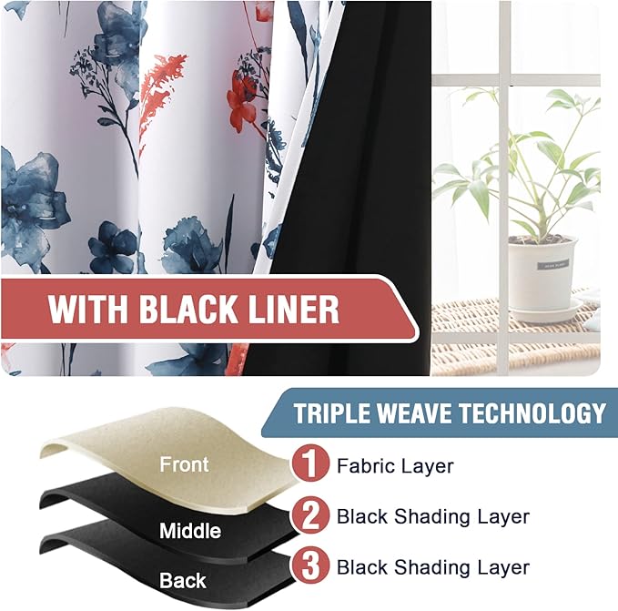 H.VERSAILTEX 100% Blackout Curtains 63 inch Length 2 Panels Set Cattleya Floral Printed Drapes Leah Floral Thermal Curtains for Bedroom with Black Liner Sound Proof Curtains, Stone Blue and Coral