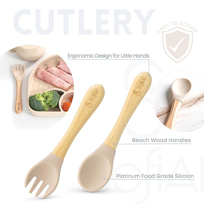 SofiAl All In One Silicone Feeding Set - Safe for 6-12 Months - Non-Toxic Baby Led Weaning Supplies - Toddler Self Feeding Utensils - BPA-Free - Mess Free Essentials