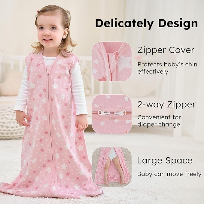 FIEMOL Baby Sleep Sack 6-12 months, 100% Cotton Sleeping Sack for Newborn and Infant, 3 Pack Baby Wearable Blanket for Boy and Girl, 0.5 Tog Lightweight Double Zipper Sleep Bag Pink Heart