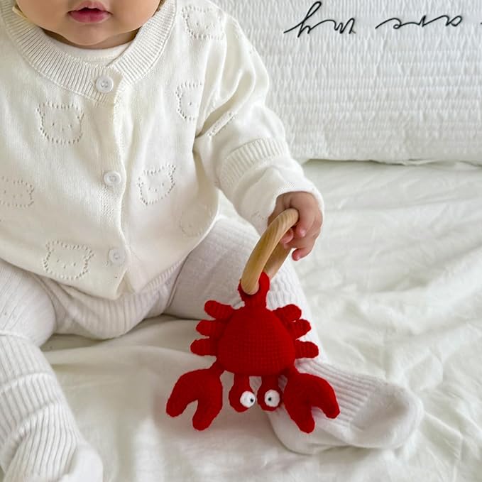 DICHA Wood Baby Rattle-Crochet Baby Rattle- Infant Rattle Sensory Development Wooden Toys Set-Includes Beech Wooden Teething Ring-Crab