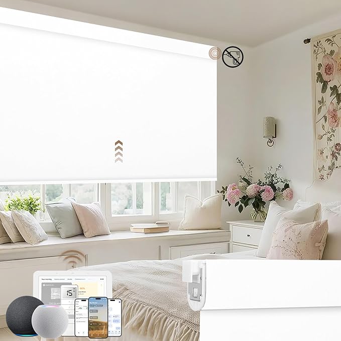 Kincmo No Drill Motorized Blinds with Remote, 100% Blackout Roller Shades for Windows, Custom Electric Blinds Compatible with Alexa, Apple Homekit, Google Home (100% Blackout Waterproof Vinyl White)