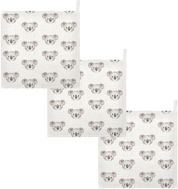 vvfelixl Baby Muslin Washcloths Cartoon Koala Bear Face Baby Burp Cloths Cotton Babys Face Towel for Newborn Infants Boys Girls Soft and Absorbent 11.8 X 11.8 in, 3 Pack