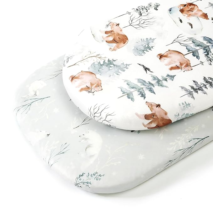 Stretchy Bassinet Mattress Sheets, Ultra Soft Bassinet Sheet 2 Pack, Universal Fitted for Oval Hourglass Rectangular Bassinet Mattress Pad Safe and Snug, Stylish Pattren of Bear and Wolf Print
