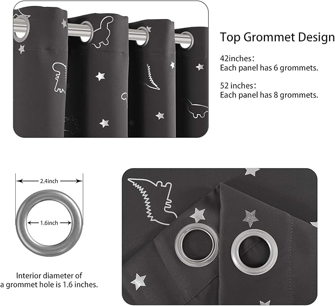 LORDTEX Dinosaur and Star Foil Print Blackout Curtains for Kids Room - Thermal Insulated Curtains Noise Reducing Window Drapes for Boys and Girls Bedroom, 52 x 45 Inch, Dark Grey, Set of 2 Panels