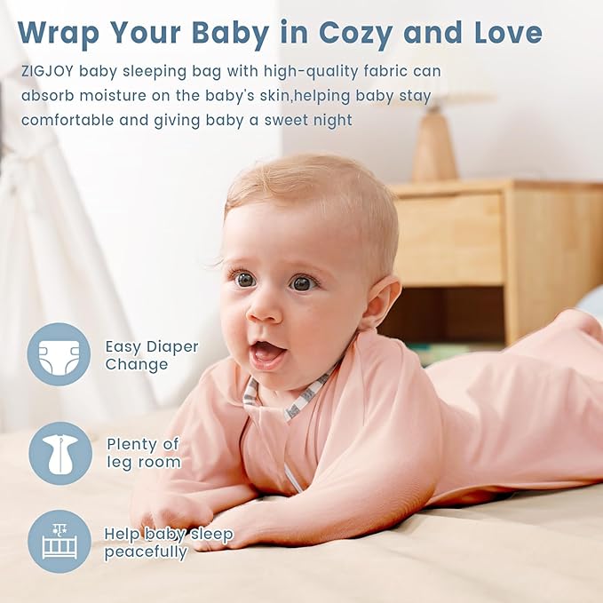 ZIGJOY Shark-Fin Transitional Swaddle for Newborn - 0.5 Tog Rayon Made from Bamboo Transition Swaddle Sleep Sack 6-12 Months Baby Arms Up Swaddle Blanket with 2-Way Zipper, Pink&Purple