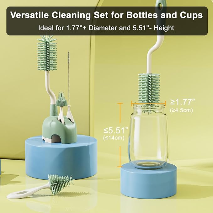 ePiiChua Silicone Bottle Brush Set with Stand, 360° Rotating Bottle Cleaning Brush Cleaner Set, Long Handle 3 in 1 Multipurpose Silicone Baby Bottle Straw Cleaner Brush (Green)