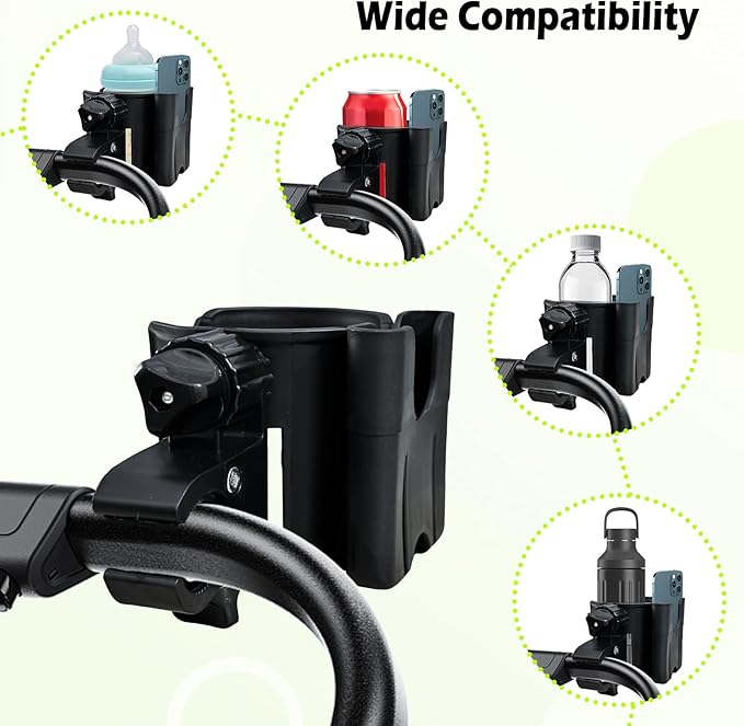 Cup Holder for Stroller Compatible with Evenflo,Uppababy, Doona, Nuna – Universal Stroller Cup Holder Attachment with Phone Holder, 360°Rotatable Bottle Holder for Bike, Wheelchair, Walker & Scooter