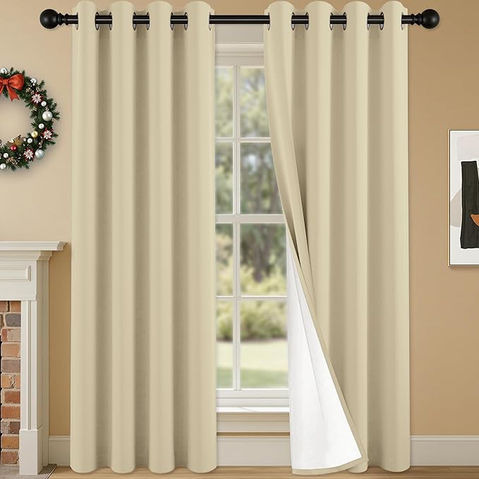 100% Blackout Curtains 95 Inch Length for Bedroom Living Room, Grommet Thermal Insulated Room Darkening Drapes, Light Blocking Window Treatment Decor, 2 Panels, 54x95, Beige