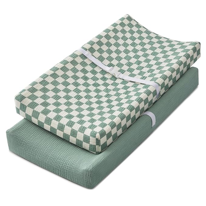 Blissful Diary Muslin Changing Pad Cover for Girls Boys, Ultra Soft Breathable Cotton, Baby Diaper Change Table Pad Covers, 2Pack (Checkered Green & Sage Green)