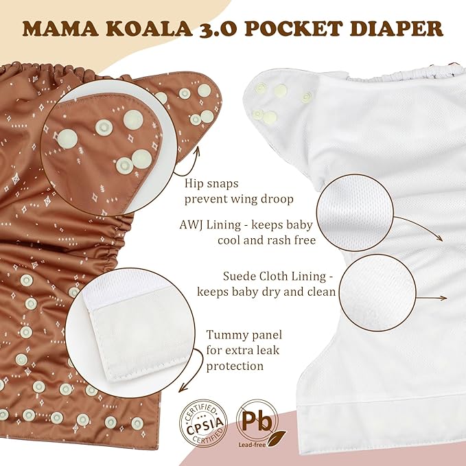 Mama Koala 3.0 Pocket Cloth Diapers for Babies with Suede Lining, 6 Pack with 6 4-Layer Natural Cloth Diaper Inserts - Reusable and Washable Pocket Diapers (S-Hardworking Bees)