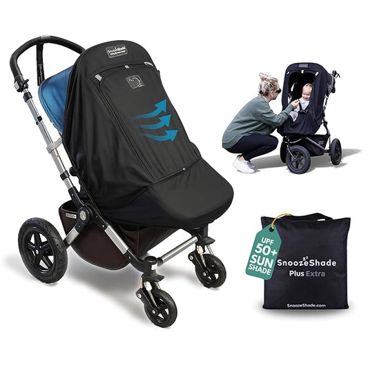 SnoozeShade Plus Extra, Stroller Sun Shade, Mosquito Net for 6m+ Babies, Blocks 99% of UV (UPF 50+) Universal Fit Blackout Sleep Cover with Peekaboo Window, Breathable Mesh Canopy for Single Strollers