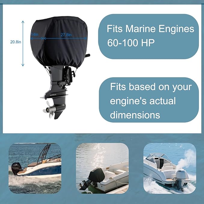 60-100 HP Motor Outboard Engine Cover Waterproof & UV Resistant 27.8 * 15.7 * 20.8 inches Heavy Duty Boat Engine Protector with Adjustable Straps