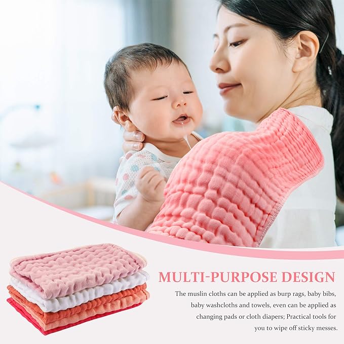Hicarer 6 Count Muslin Burp Cloths Cotton Baby Burping Rags Large 20 x 10 Inch 6 Layers Spit up Rags Soft Absorbent Multicolor Wash Cloths Diapers for Newborn Baby Girl Boy(Pink Series)