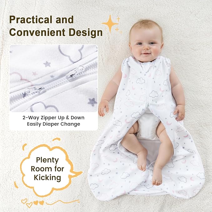 PHF 3 Pack Warm Micro-Fleece Baby Sleep Sack 12-18 Months, Soft Baby Wearable Blanket, 2-Way Zipper Sleeping Bags, Comfy Toddler Sleeping Sack for Girls, Large Size, Clouds