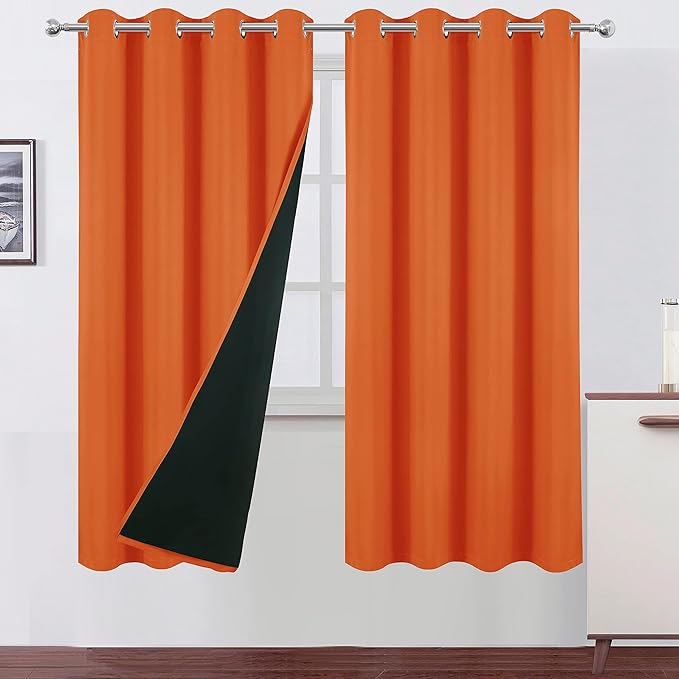 LEMOMO 100% Blackout Curtains 52 x 72 Inch/Orange Curtains 2 Panels with Black Lining Room Darkening Thermal Insulated Bedroom Curtains