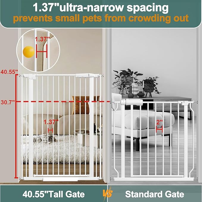 40.55" Tall 1.37" Ultra Narrow Spacing Dogs Pets Baby Gate for Doorway Hallway Safety Proof Indoor 34.05-45.86" Extra Wide Puppy Pressure Mounted No Drill Walk Through White Metal