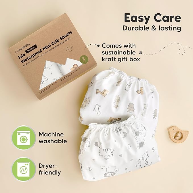2-Pack Waterproof Pack and Play Sheets, Mini Crib Sheets Fitted for Boy, Girl - 38 x 26 Viscose from Bamboo Pack N Play Mattress Sheets for Graco, Toddler Playard Baby Crib Sheets Neutral (KeaSafari)
