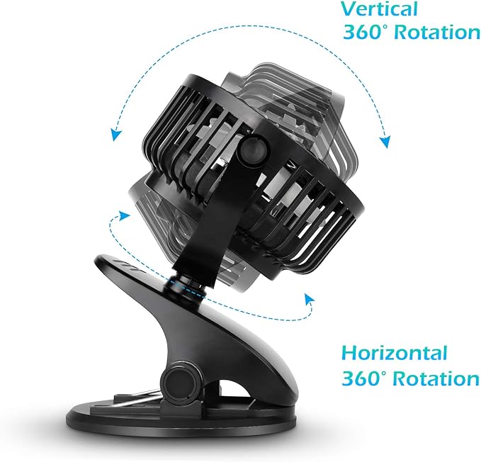 SkyGenius Battery Operated Stroller Fan, Rechargeable USB Powered Mini Clip on Desk Fan