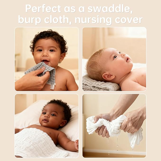 Bear Rocket Organic Muslin Baby Washcloths 6 Pack Baby Bath Face Towel 12x12 Inch Extra Absorbent and Soft Burp Cloth and Wash Cloths for Newborn-Infants On Sensitive Skin (White Grey Brown)