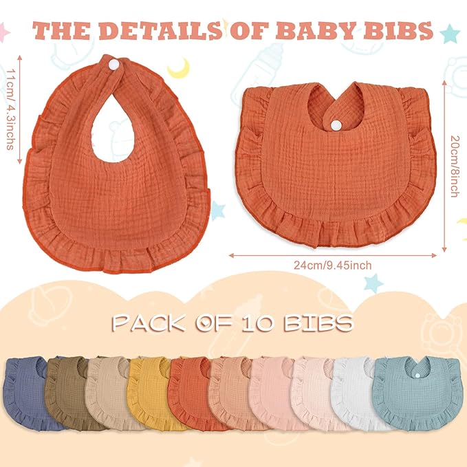 Seematn 10 Pcs Baby Muslin Bibs for Unisex Girls & Boys Drool Bibs Bandana Ruffle Soft Cotton for Newborn Infants Toddlers(Gentle Colors)
