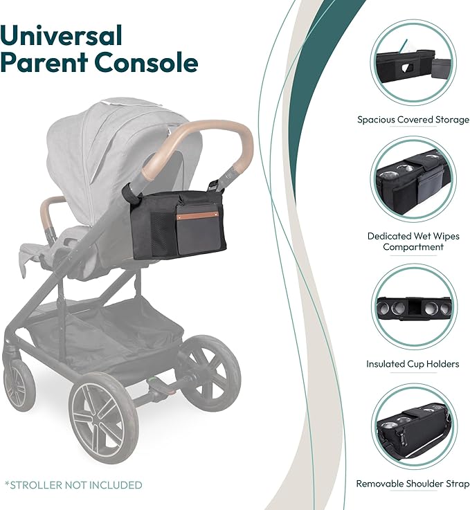 WONDERFOLD Universal Parent Console Stroller Organizer with Insulated Cup Holders, Hook & Loop Closure Handle Attachment, 2 Storage Pockets, Removable Shoulder Strap for Easy Transport