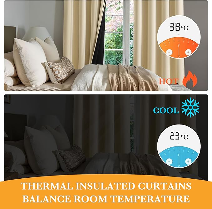 RYB HOME 100% Blackout Curtains 63 inches Length, Thermal Insulated Total Room Darkening Noise Reducing Curtains for Bedroom Dorm Sleep, 52 inches Wide by 63 inches Long, Beige