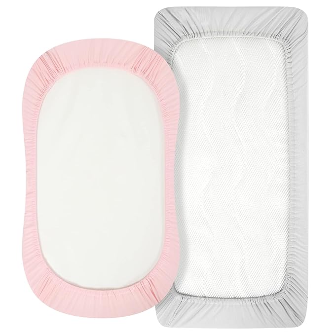 TILLYOU Baby Bassinet Sheets for Girls Boys 2 Pack Baby Sheets for Square Rectangle Oval Bassinet Mattress 33X16 Inch, Gray and Pink