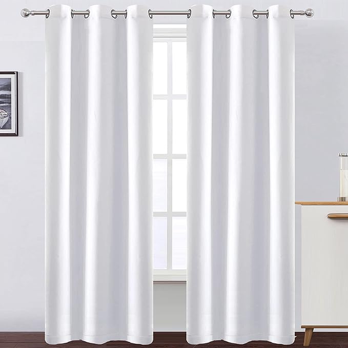 LEMOMO 100% Blackout Curtains 40 x 84 Inch/White Curtains 2 Panels with Black Lining Room Darkening Thermal Insulated Bedroom Curtains