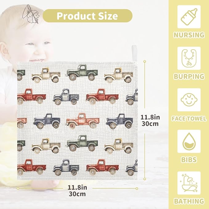 vvfelixl Baby Muslin Washcloths Vintage Trucks Jeeps Baby Burp Cloths Cotton Babys Face Towel for Newborn Infants Boys Girls Soft and Absorbent 11.8 X 11.8 in, 3 Pack