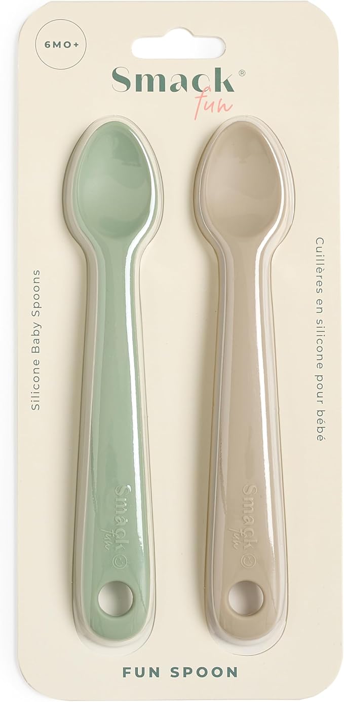 Smack Fun - Silicone Baby Feeding Spoons | 2 Pack (Cambridge Blue/Shifting Sand)