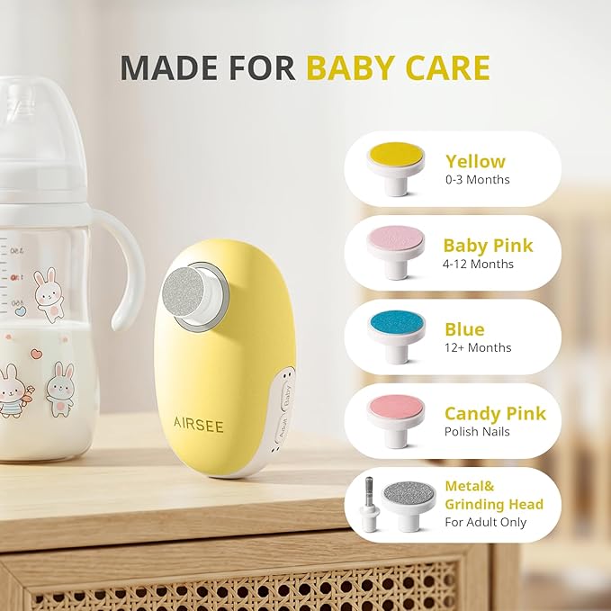 AIRSEE Premium Newborn Gift, Electric Baby Nail File, Cordless Safe Infant Nail Trimmer with 6 Replacement Pads, Magnetic Rechargeable Base, 360° LED Light, Baby Grooming Kit Gift