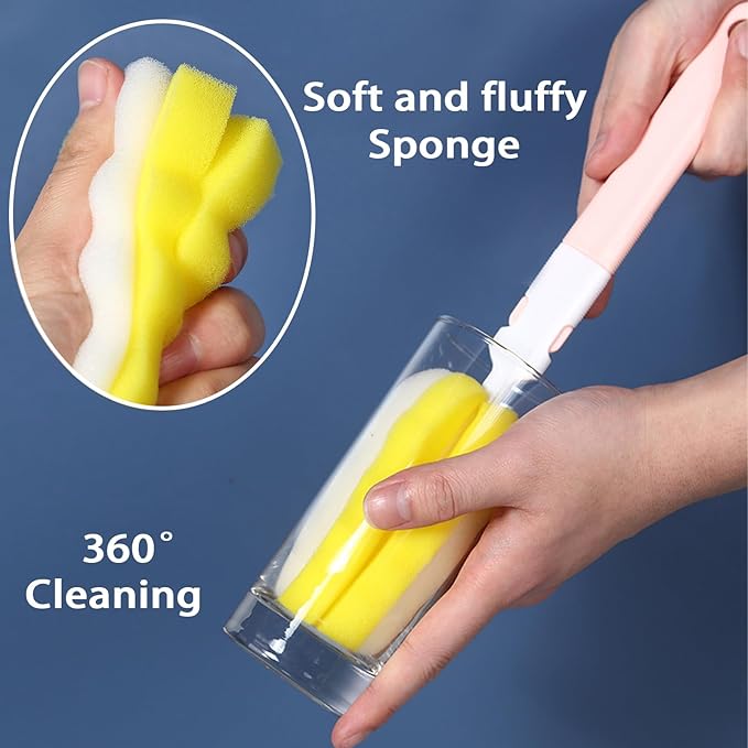 INVODA 4PCS Bottle Brush Long Handle Cup Cleaner Brush Sponge Bottle Scrubber Detachable Handle Portable Sponge Cleaning Brush for Baby Bottle Dishwashing Kitchen Clean Glasses Mugs (4 PCS)