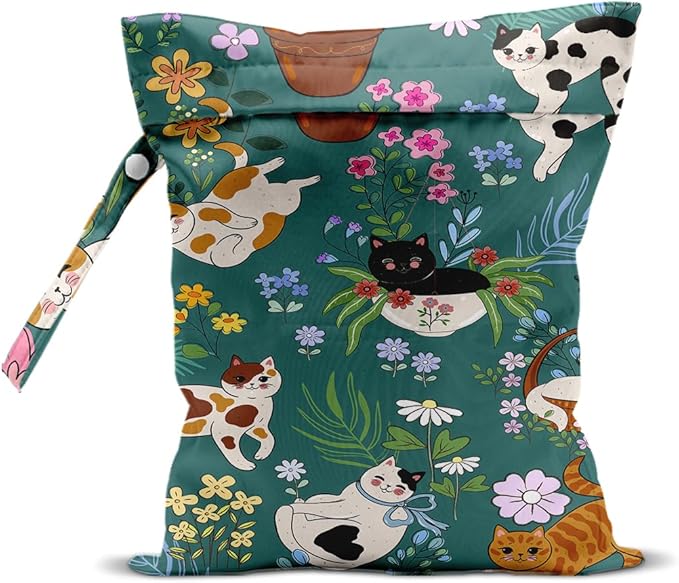 Cat Wet Bags 12x10 Inch, Flowers Waterproof Wet Dry Bags, Colorful Floral Reusable Washable Travel Laundry Bag for Swimsuit Beach Diapers Dirty Yoga Gym Clothes, Cat Gifts for Women Friend Travelers