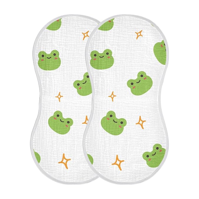 WELLDAY Muslin Baby Burp Cloths Set of 2, Soft Absorbent Cute Frog Muslin Washcloths, Bibs, Face Towel for Newborn Boys Girls, 22 x 11 Inch