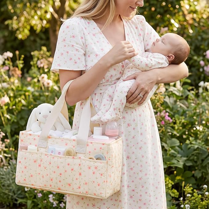 Baby Diaper Caddy Organizer with Portable Changing Mat-Portable Baby Organizers and Storage, Gift for Baby Shower, Baby Essentials Organizer with Removable Dividers (Pink Floral)
