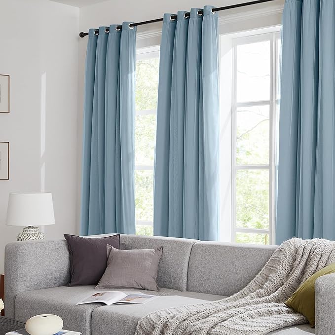 100% Blackout Curtains for Bedroom, Double Layer Blue Curtains, Black Out Curtain 63 inch Long with Sheer Overlay for Living Room, Room Darkening Window Drapes with Grommet, 52" W x 63" L