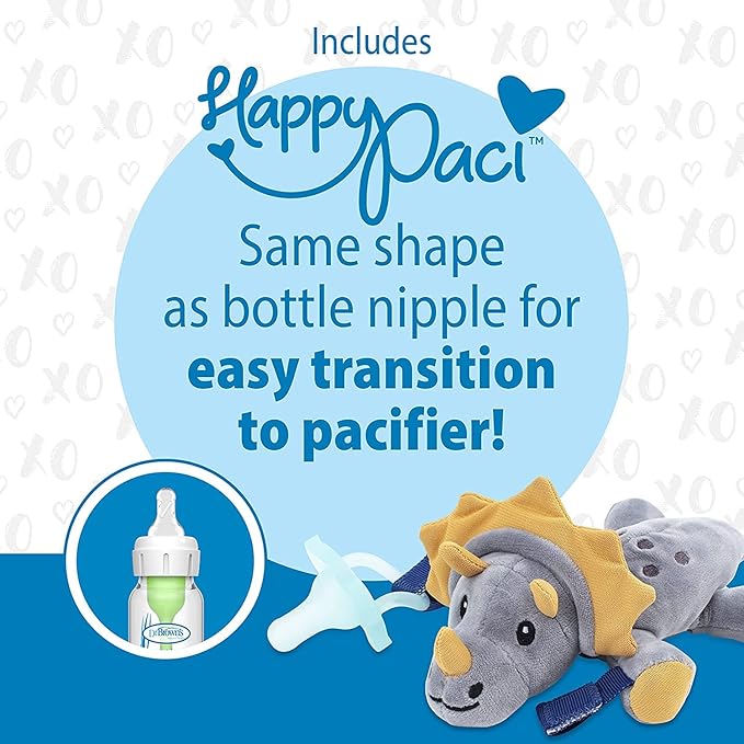 Dr. Brown's Natural Flow® Anti-Colic Options+™ Wide-Neck Baby Bottle, Dino Design, 9oz/270mL, Level 1 Nipple, 2-Pack, 0m+ with Lovey Pacifier Holder with Silicone HappyPaci, Triceratops, 0-12m