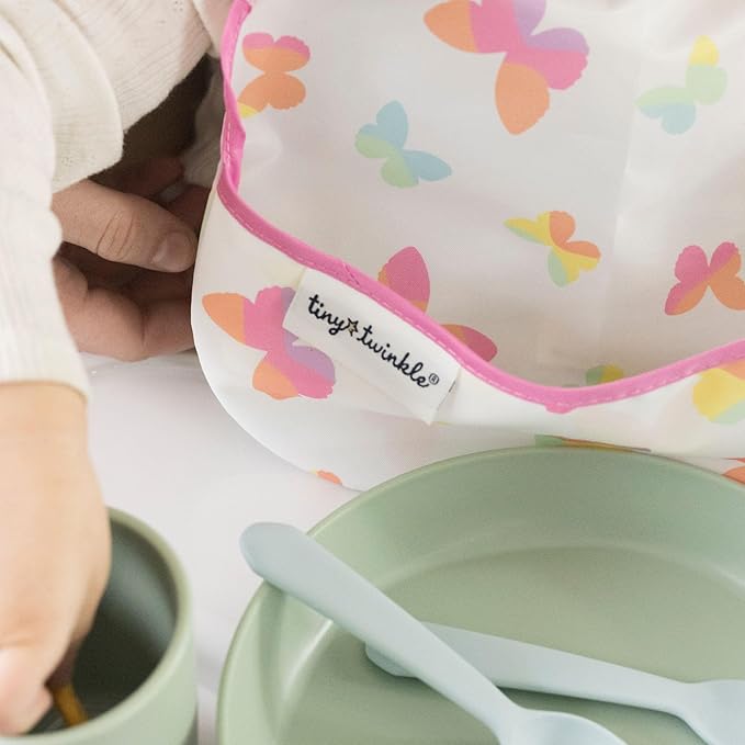 Tiny Twinkle Mess-Proof Baby Bibs for Eating | Waterproof, Wipeable Toddler Bibs with Catch-All Pocket | Feeding Bibs for Girls & Boys(3 Pack,Butterfly)