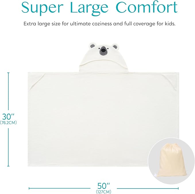 Joiedomi Hooded Towel for Kids Soft 100% Cotton Bath Beach Towel 30" x 50" for Kids 3-10 Years Toddler Pool Poncho with Hood Absorbent Swim Wrap for Boys Girls White Bear