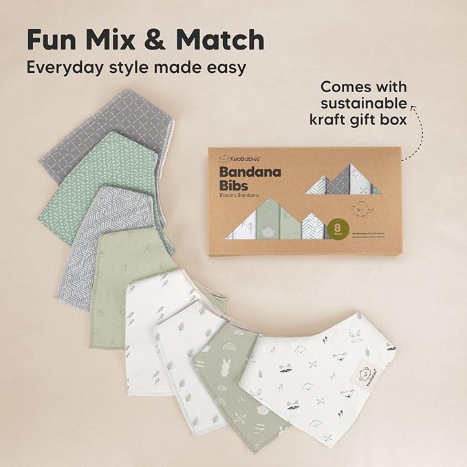 KeaBabies 8-Pack Organic Baby Bandana Bibs for Boys, Girls - Super Absorbent Triangle Baby Bibs for Drooling and Teething Infant, 100% Cotton Extra Soft for Newborn, Infant 0-36 Months (Nordic)