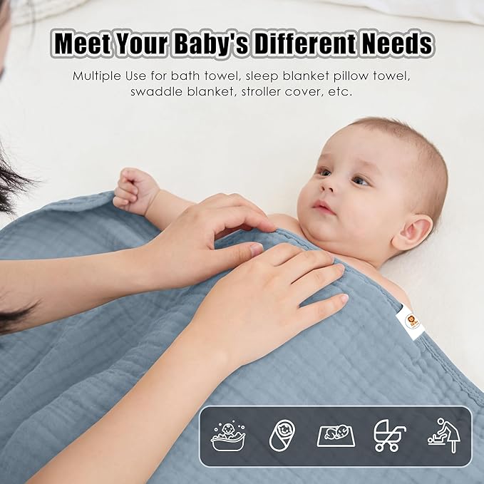 Sunny zzzZZ Muslin Hooded Baby Bath Towels - 3 Pack 100% Cotton Soft Low-Saturation Pastel Towels Including Classic White for Newborns, Infants, Toddlers - 32x32 Inch - Light Navy and White