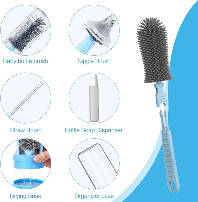 WHNL Travel Baby Bottle Brush Set with Extendable Silicone Bottle Brush，Nipple Brush,Staw Brush,Baby Bottle Soap Dispenser,Gift for Newborn Mothers, Suitable for Travel and Home(Cobalt Blue)